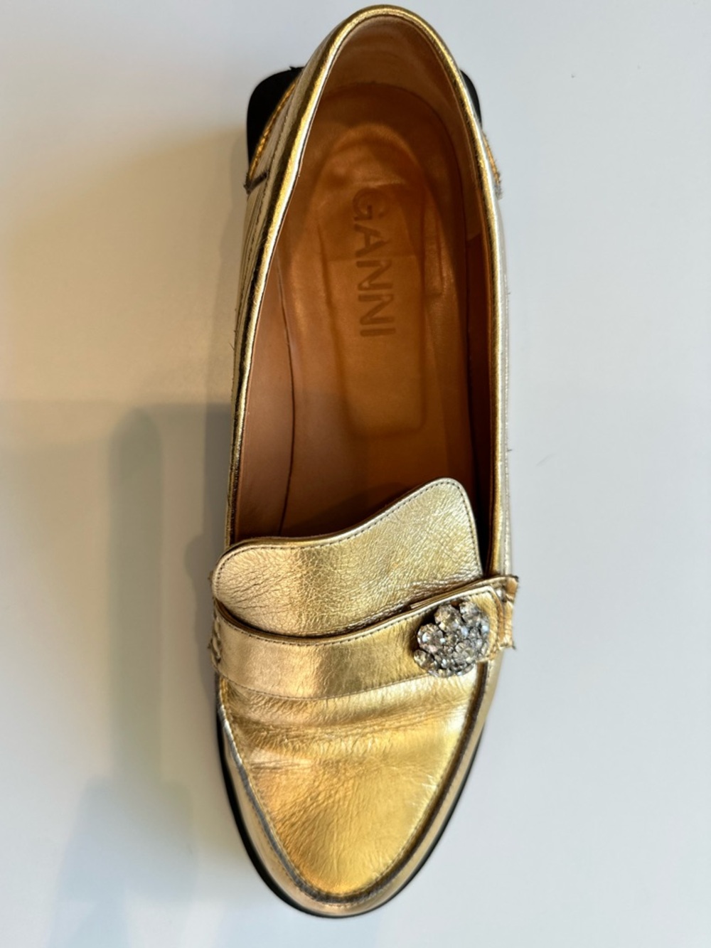 GANNI Gold Metallic Loafers Crystal Embellished Leather Size 39 - Picture 3 of 10